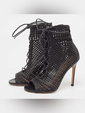 Gianvito Rossi Leather Lace Up Peep Toe Ankle Boots 9 Black